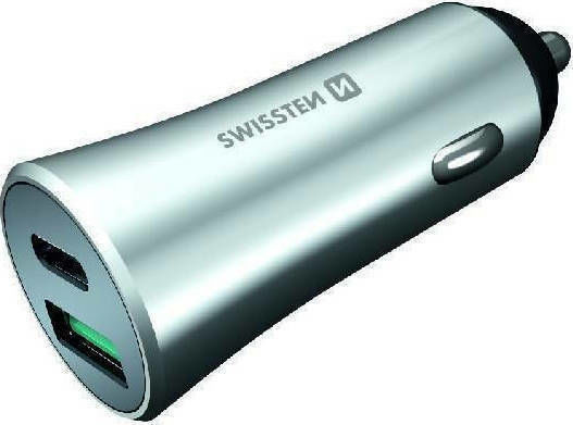 Swissten Зарядно за кола Бързо Зареждане с Портове: 1xUSB 1xType-C Сребрист Цвят