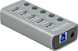DeLock USB 3.2 Hub 5 Θυρών με σύνδεση USB-A & Θύρα Φόρτισης και Εξωτερική Παροχή Ρεύματος Γκρι