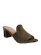 Suede Mules με Χοντρό Ψηλό Τακούνι σε Χακί Χρώμα