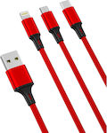 XO NB173 Braided USB to Lightning / Type-C / micro USB 1.2m 2.4A Cable Red