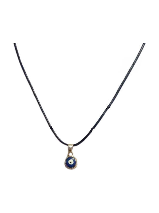 Necklace handmade black cord with pendant eye round blue and gold outline (tatu moyo) 1039-606