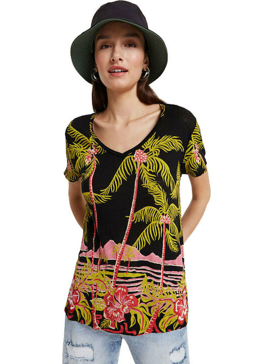 Desigual Black Palms Femeie Tricou cu Decolteu în V Floral Negru