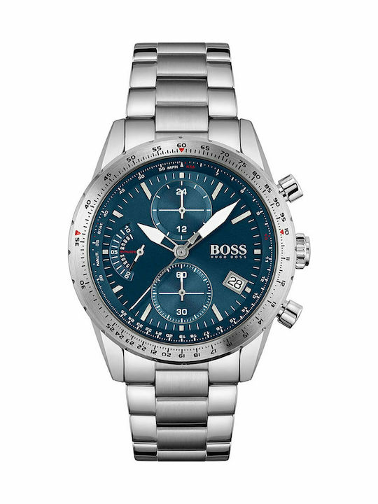 Boss Pilot Ανδρικό Ρολόι 44mm Χρονογράφος Μπαταρίας με Ασημί Μεταλλικό Μπρασελέ