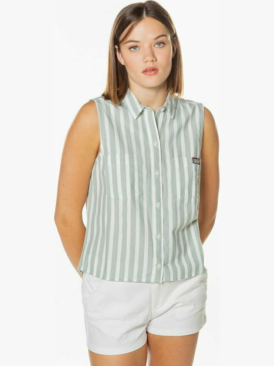 Superdry Ärmellos Damen Denim Hemd Khaki Gestreift