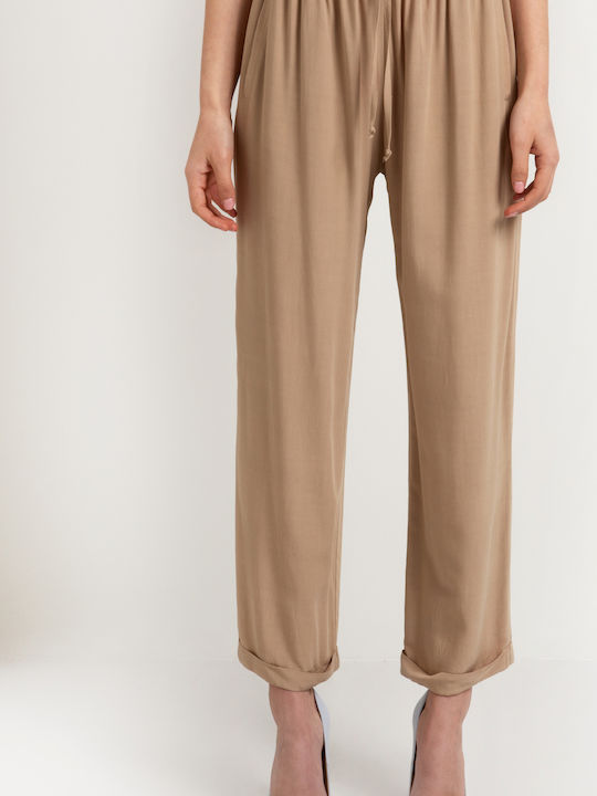 Toi&Moi Women's High-waisted Fabric Trousers with Elastic in Straight Line Beige