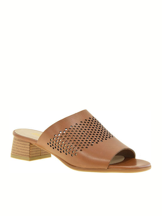 Leather Mules with Chunky Low Heel in Tabac Brown Color