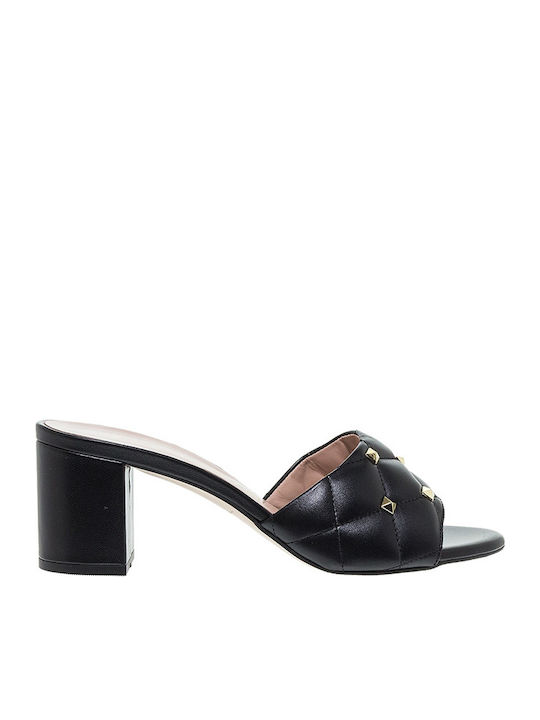 55333 Leather Mules with Chunky High Heel in Black Color