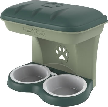 Bama Kunststoff Schale mit Behälter Futter & Wasser für Hund & Katze 2x 42cm in Grün Farbe