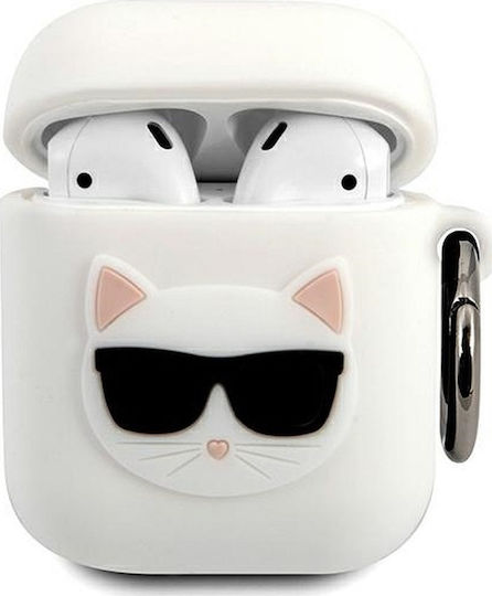 Karl Lagerfeld Choupette Fun Hülle Silikon mit Haken in Weiß Farbe für Apple AirPods