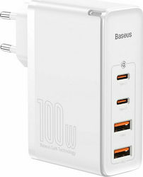 Baseus Φορτιστής Χωρίς Καλώδιο με 2 Θύρες USB-A και 2 Θύρες USB-C 100W Power Delivery / Quick Charge 4+ Λευκός (GaN2 Pro)