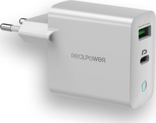 RealPower Φορτιστής Χωρίς Καλώδιο με Θύρα USB-A και Θύρα USB-C Λευκός (PC-20)