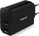 Philips Ladegerät ohne Kabel mit USB-A Anschluss und USB-C Anschluss 30W Schwarzs (DLP2621/12)