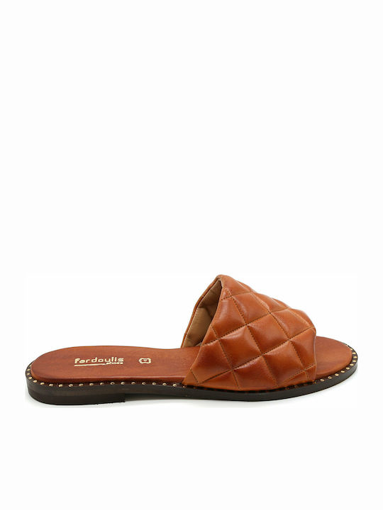 Leather Women's Flat Sandals in Tabac Brown Color