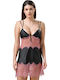 Luna Satin Women's Nightdress with String Black Cabaret