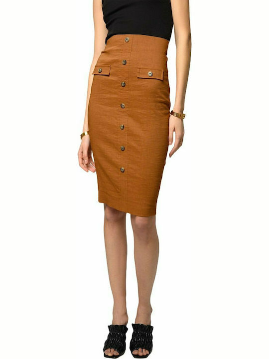 Pinko Linen Pencil High Waist Midi Skirt in Brown color