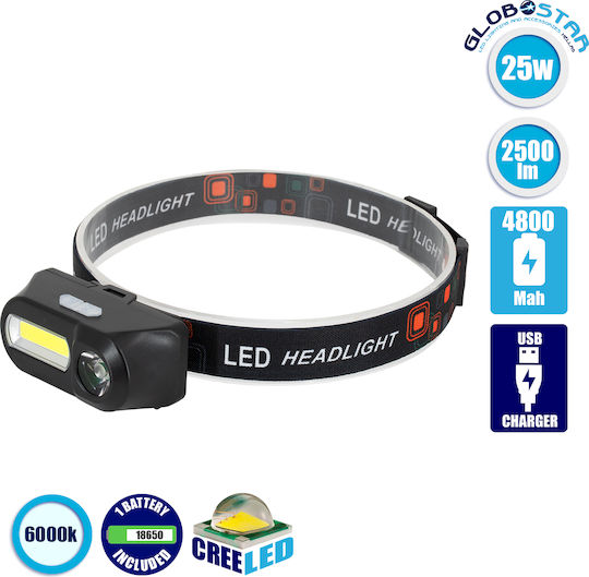 GloboStar Rechargeable Headlamp LED Dual Function with Maximum Brightness 2500lm XML2 Black