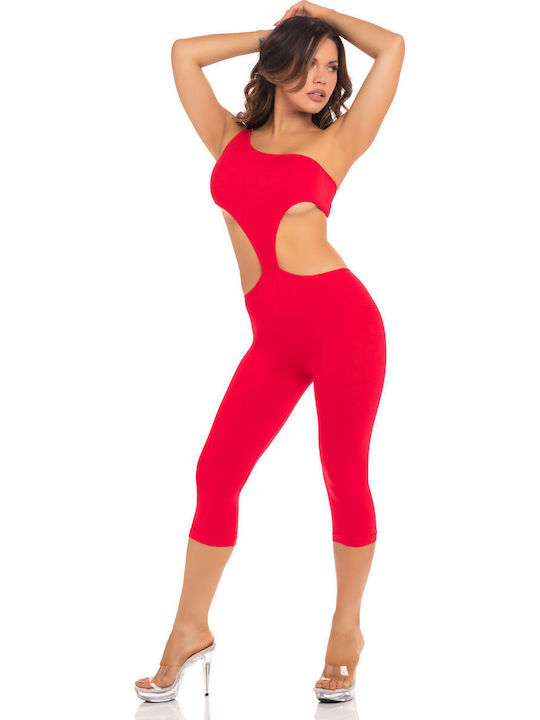 Pink Lipstick Lingerie One Shoulder Cropped Catsuit Ολόσωμο Καλσόν Διχτυωτό Red
