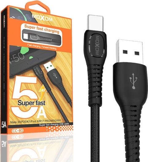 Moxom CC-80 Braided USB 2.0 Cable USB-C Male - USB-A Black 1m