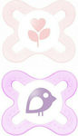 Mam Orthodontic Pacifiers Silicone Start Skin Soft Flower-Bird Pink - Purple with Case for 0-2 months 2pcs