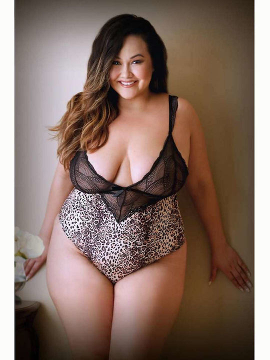 Fantasy Lingerie Lorena Animal Print Bodysuit Plus Size Sexy Κορμάκι με Δαντέλα Leopard