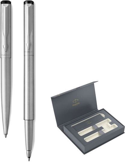 Parker Vector Pen Set Ballpoint Medium made of Steel Silver in a case (in a paper cassette)