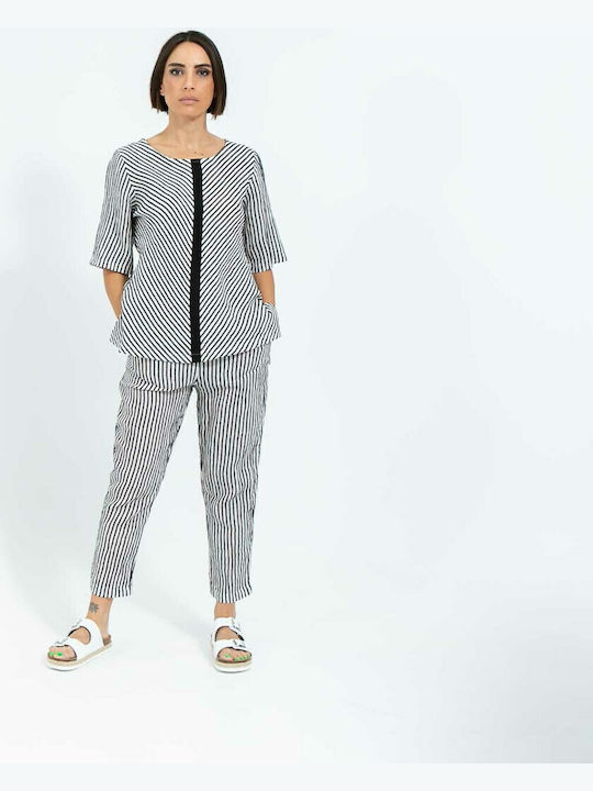 Essos Damen Hoch tailliert Stoff Hose in Geradem Schnitt Gestreift