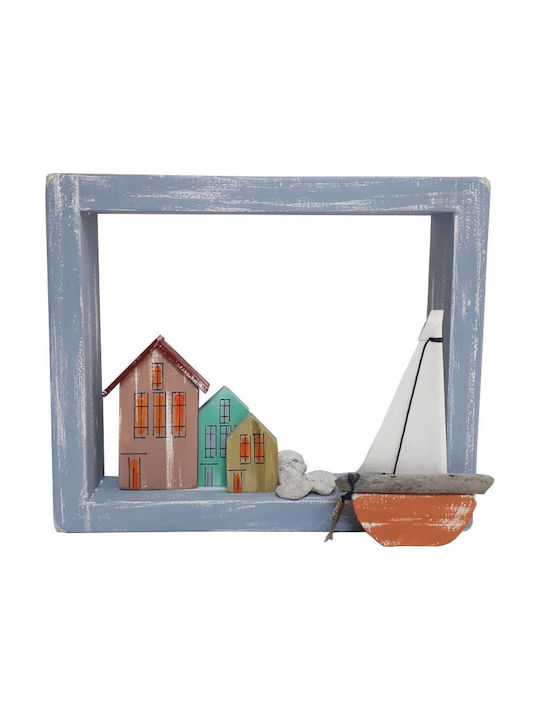 Kapadakis Wood Art Διακοσμητικό Τοίχου Σπίτια Με Καράβι Και Πέτρες Χειροποίητο Μπλε από Ξύλο 24x7x20cm