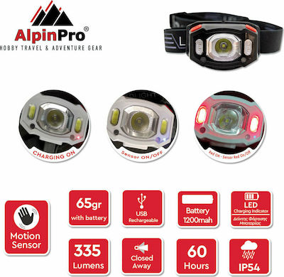 AlpinPro Επαναφορτιζόμενος Φακός Κεφαλής LED Αδιάβροχος IPX4 με Μέγιστη Φωτεινότητα 335lm C-10RD-UV