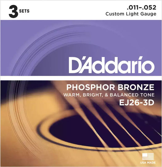 Daddario Akustikgitarrensaiten Set Phosphor-Bronze Für Akustikgitarre 11 - 52 Zoll Custom Light 3 Stück