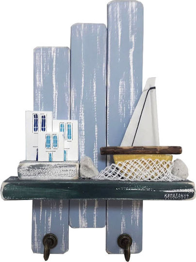 Kapadakis Wood Art Wall Hanger Handmade "Ship With Nisiotika Houses and Stones" Wooden 2 Hooks Blue 21x7x31cm