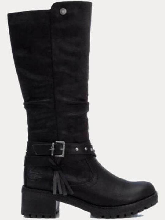 Refresh Leather Medium Heel Riding Boots with Zipper Black