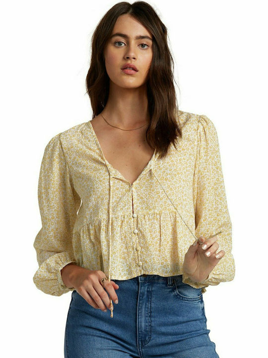 Billabong After Dark Women's Blouse with 3/4 Sleeve & V Neckline Floral Yellow