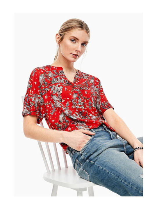 S.Oliver Women's Summer Blouse Short Sleeve with V Neck Red