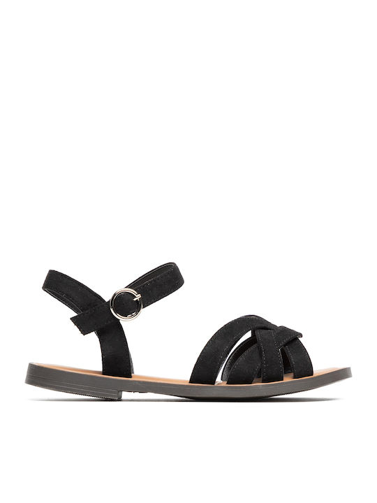 Leather Women's Flat Sandals with Strap in Black Color