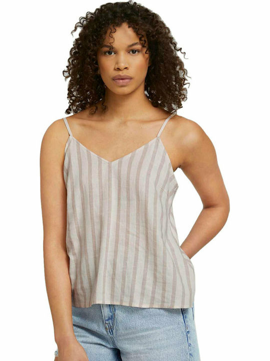 Tom Tailor Damen Sommer Bluse Leinen mit Trägern & V-Ausschnitt Gestreift Beige