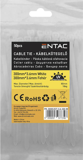 Entac Δεματικά Καλωδίων Πλαστικά 300mmx3.6mm σε Λευκό χρώμα (50τμχ) (ECT-3.6-300-W)