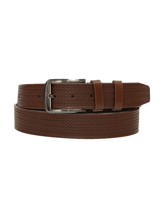 Men's Belt made of Genuine Leather of Exceptional Quality with Pyrography 3,5cm Made in Greece in Brown