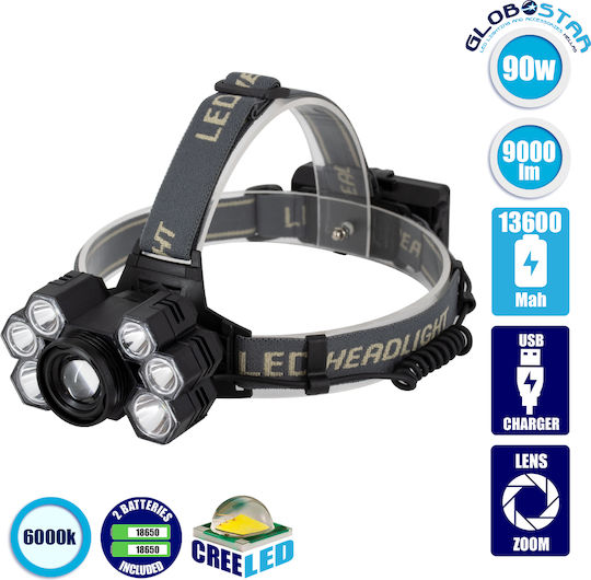 GloboStar Rechargeable Headlamp LED IP44 with Maximum Brightness 9000lm XML2-T6 Black