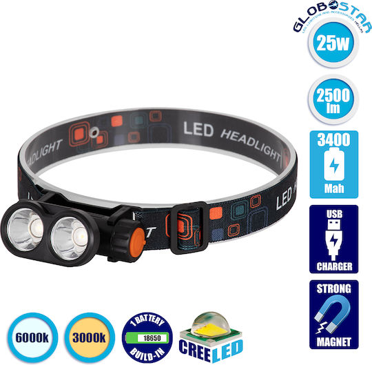 GloboStar Rechargeable Headlamp LED IP44 with Maximum Brightness 2500lm XML2-T6 Chip 25 Watt Black