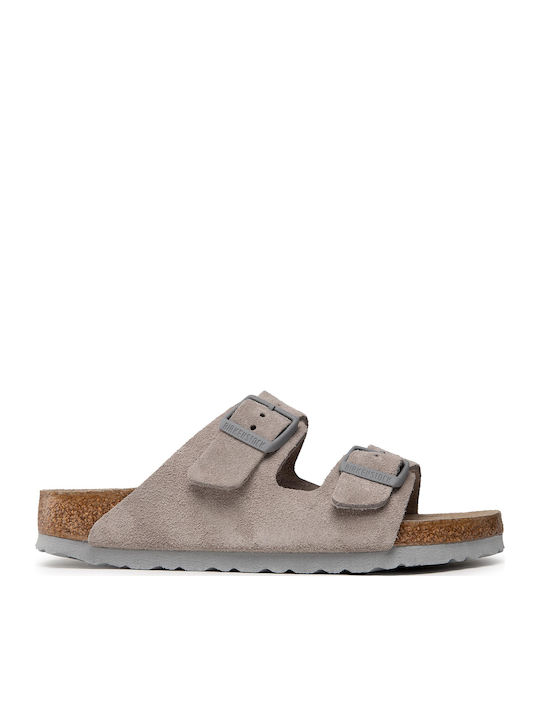 Arizona Soft Footbed Suede Leather Women's Flat Sandals Anatomic in Gray Color Narrow Fit