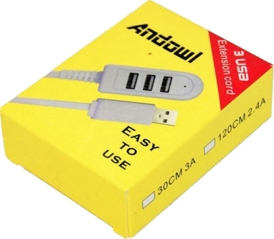 Andowl PR-7845 USB 2.0 3 Port Hub with USB-A Connection & Charging Port White