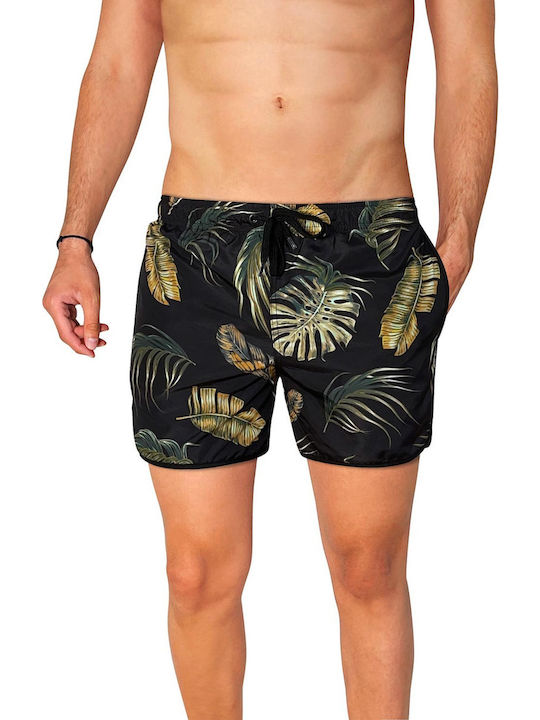 Leaves Men's Swimwear Shorts Black with Patterns