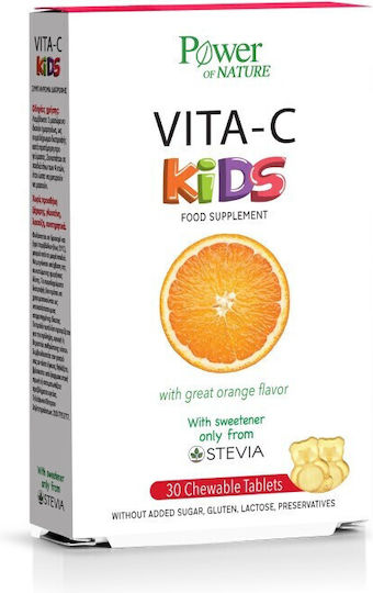 Power Of Nature Vita-C Kids Στέβια Βιταμίνη για Ενίσχυση του Ανοσοποιητικού, τo Δέρμα & Αντιοξειδωτική δράση 100mg Πορτοκάλι 30 μασώμενες ταμπλέτες