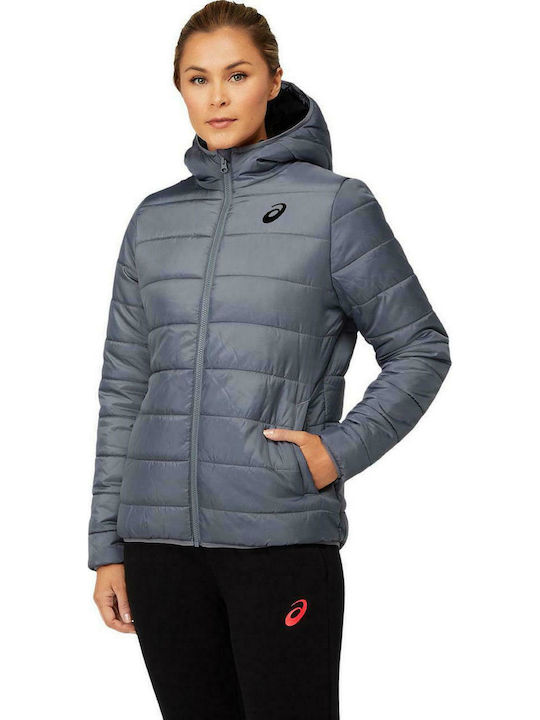 ASICS Women's Short Puffer Jacket for Winter with Hood Silver