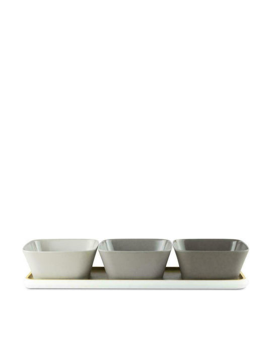Pebbly Ceramic Dessert Divided Serving Tray with 3 Slots Gray 38x12.5x5cm 4pcs