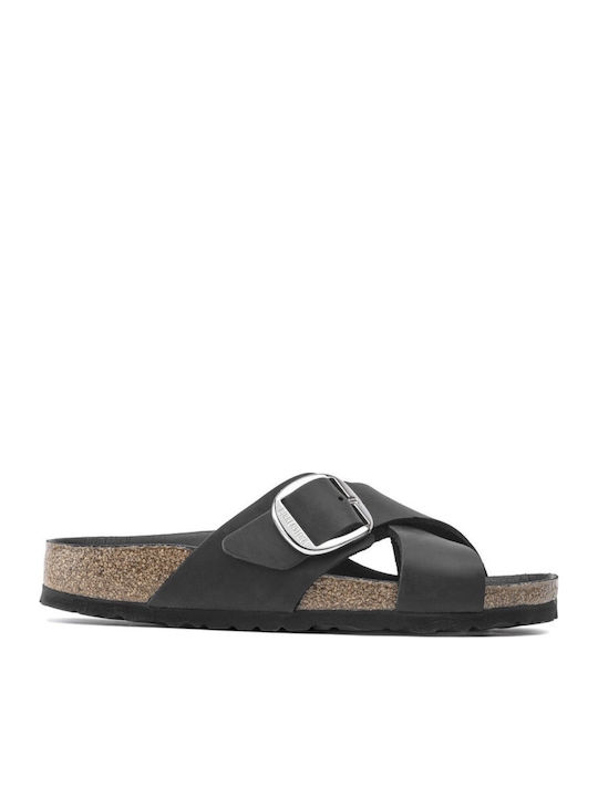 Siena Big Buckle Leather Women's Flat Sandals in Black Color Narrow Fit