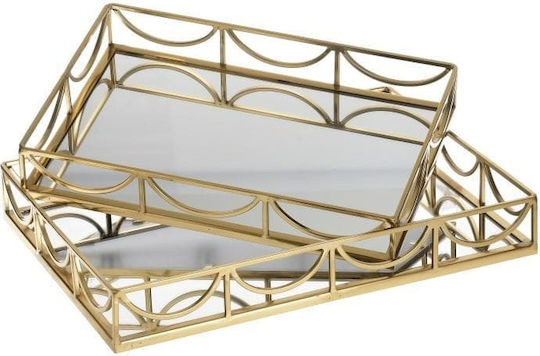 Inart Διακοσμητικός Δίσκος Metallisch Rund mit Spiegel Gold 2Stück