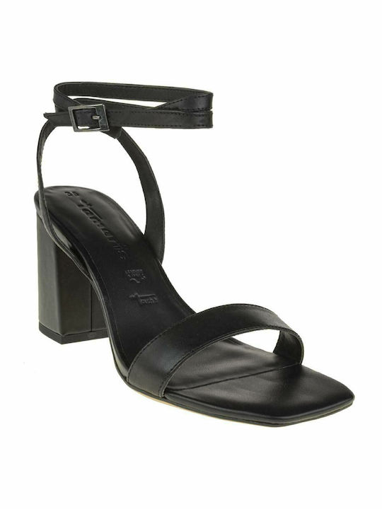 Tamaris Leather Women's Sandals Black with Chunky High Heel