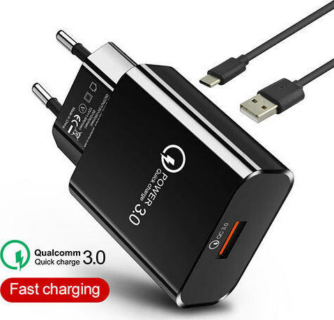 Lamtech Φορτιστής με Θύρα USB-A και Καλώδιο USB-C 18W Quick Charge 3.0 Μαύρος (LAM021981)