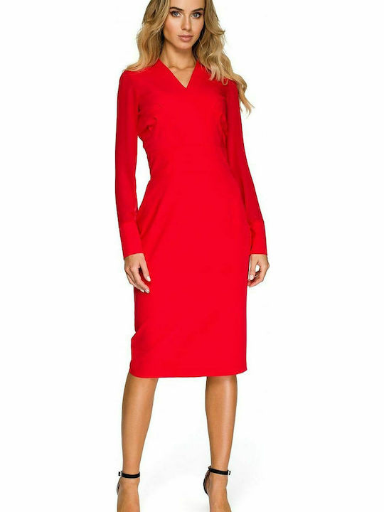 Stylove Business Long Sleeve Midi Dress with V Neck Red S136 124808